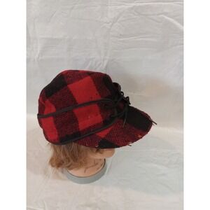 Vintage Red Black Buffalo Plaid Wool Hunting Cap Hat Ear Flaps USA Made 7 1/2